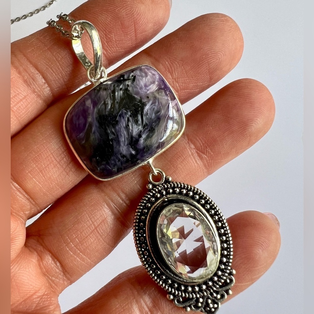 925 Positively Fabulous! Charoite + Topaz Dangle Pendant Necklace